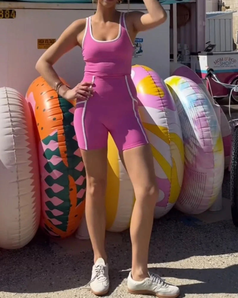 Women's Contrast Color Tank Top Shorts Swimsuit