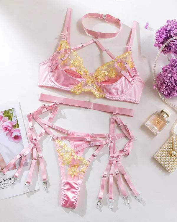 3PCS Floral Embroidery Bowknot Decor Garter Lingerie Set