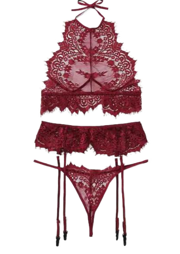 2Pcs Lace Halter See-Through Lingerie Set