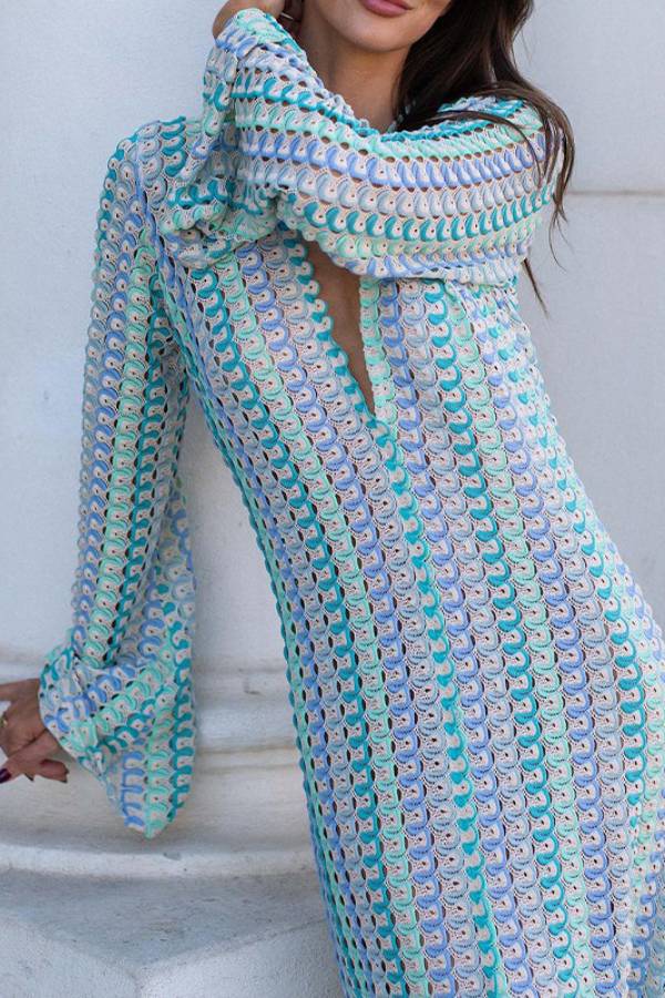 Bondi Beach Knit Colorful Wave Print Long Sleeve Vacation Maxi Dress