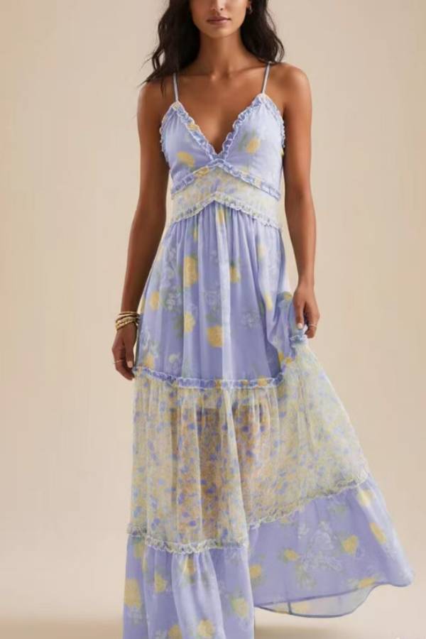 Floral Ruffle Criss‑Cross Back Cami Vacation Maxi Dress