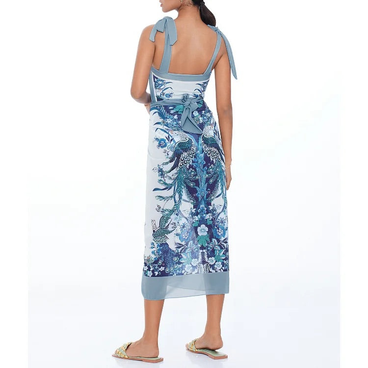 swimgirls Blue Reversible Bowknot Tie-shoulder One Piece Swimsuit and Sarong/Skirt
