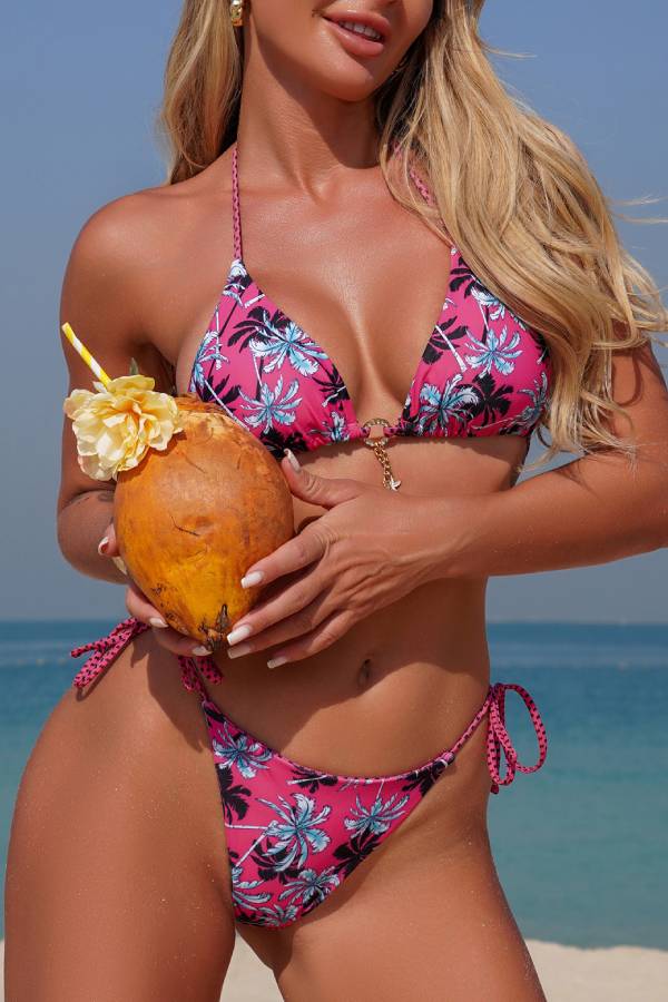 Tropical Floral Print Halter Triangle Cup Bikini Set with Pendant Detail