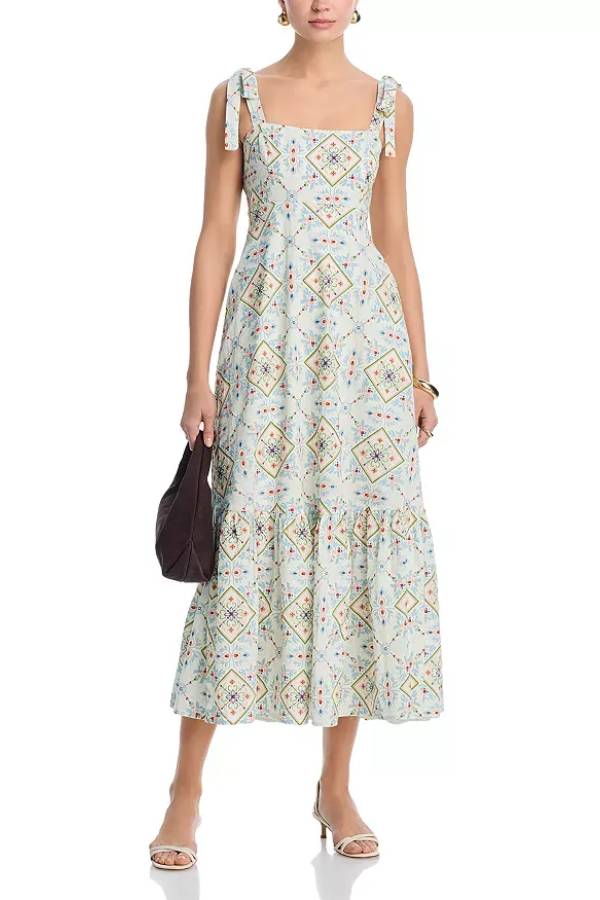 Geometric Ethnic Print Tie-Strap Waisted Tiered Midi Dress