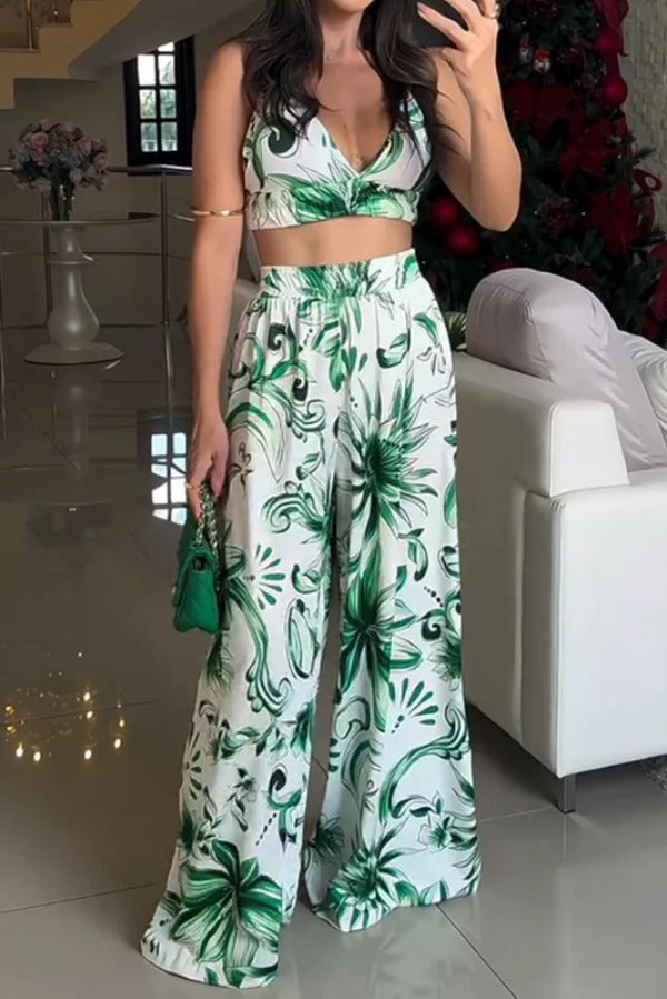 Floral Print V-neck Camisole Top and Elastic Waist Wide-leg Pants Set
