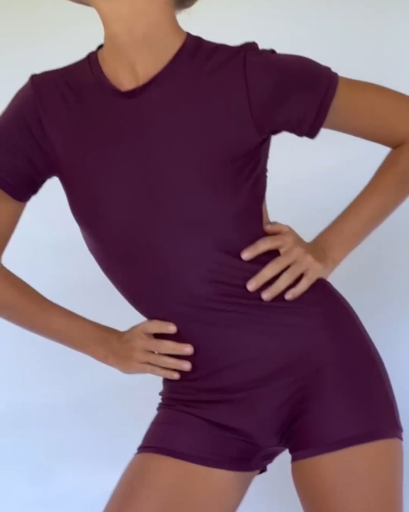 Women's Solid Color Backless Short Sleeve One-piece Swimsuit