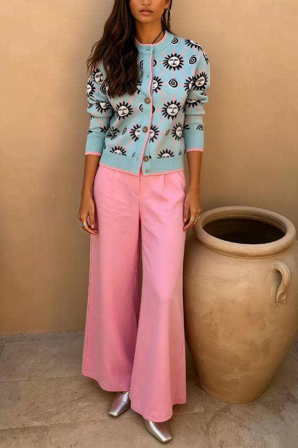 Vintage Sun Jacquard Knit Cardigan & High Waist Wide‑Leg Pants Two‑Piece Set