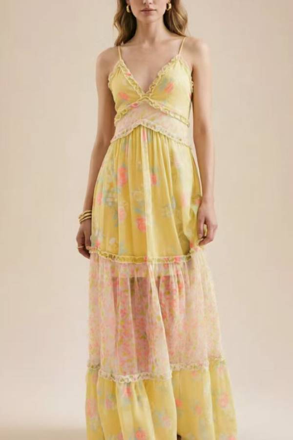 Floral Ruffle Criss‑Cross Back Cami Vacation Maxi Dress
