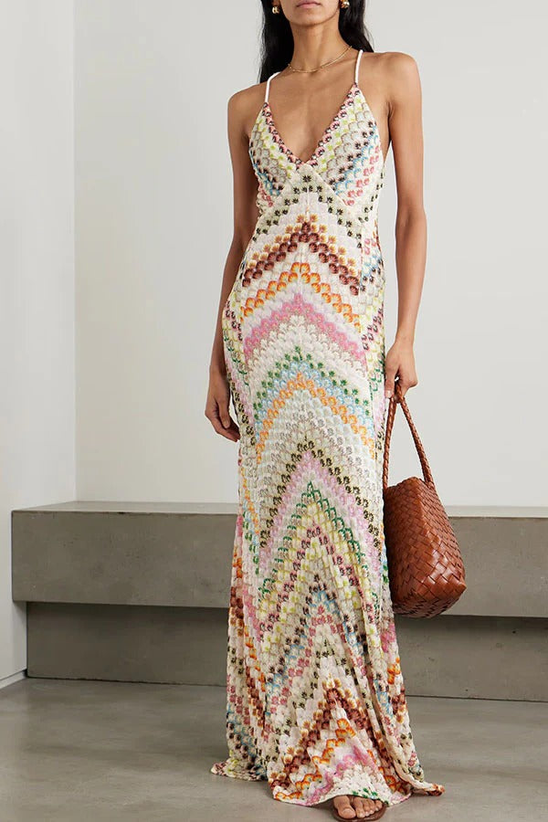 Missoni Summer Knit Colorful Herringbone Print Open Beck Maxi Dress