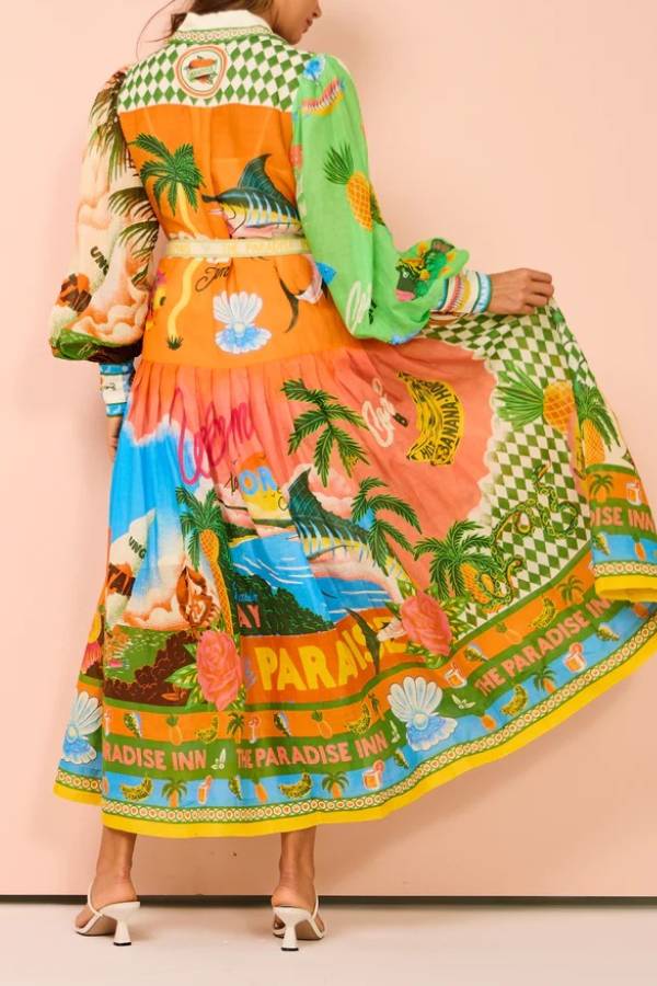 A World of Colour Unique Print Balloon Sleeve Belt Shirt Midi Dress