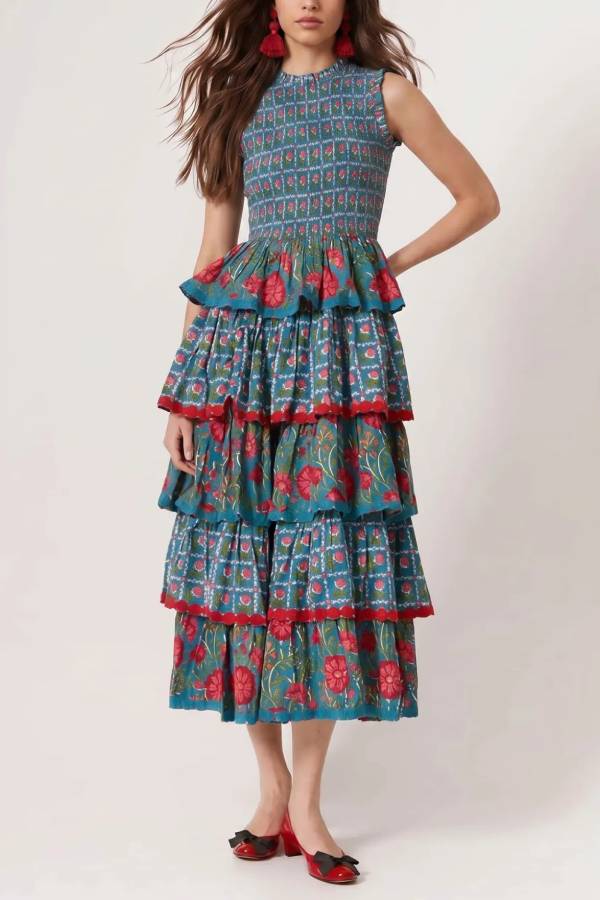 Pleated Deign Printed Maxi Dress