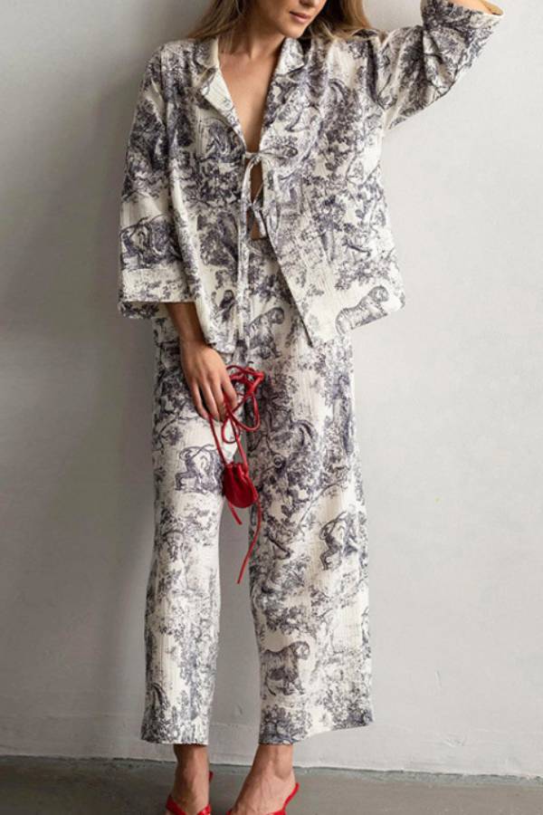 Vintage Landscape Print Tie Shirt & Wide Leg Pants 2 Piece Set