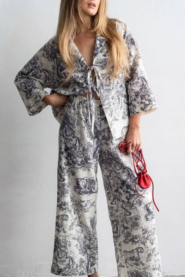 Vintage Landscape Print Tie Shirt & Wide Leg Pants 2 Piece Set