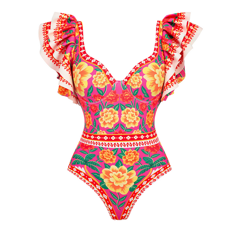 Ruffled Contrast Print One Piece Swimsuit and Sarong