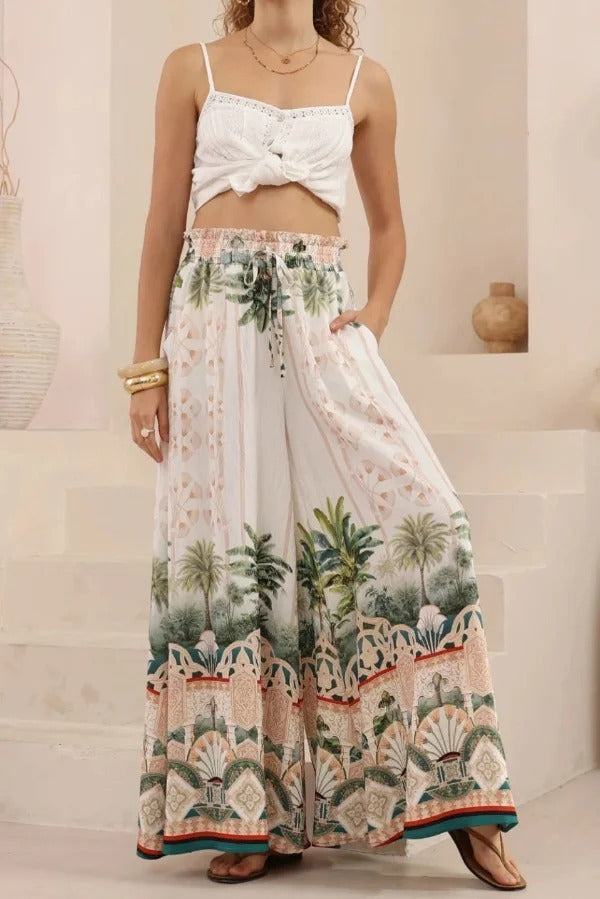 Unique Printed Casual Elastic Waist Pockets Loose Wide-leg Pants