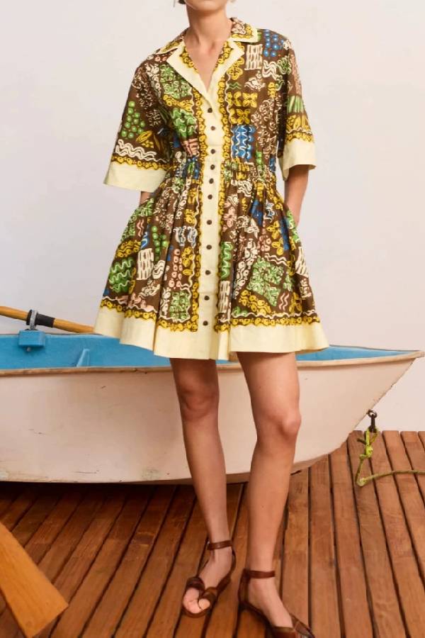 Vintage Geometric Print Waist Cinched Shirt Mini Dress