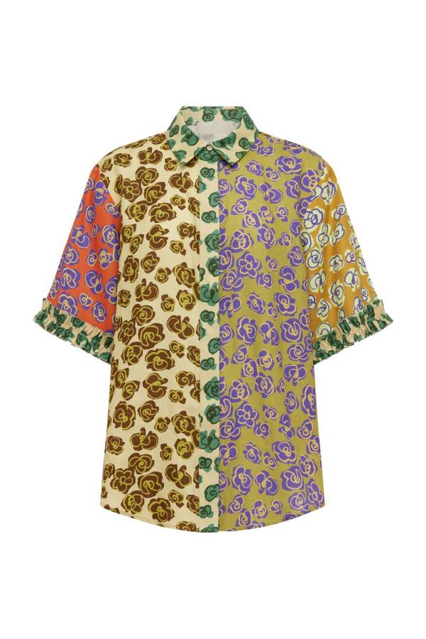 Color Block Floral Print Shirt & Shorts Two‑Piece Set