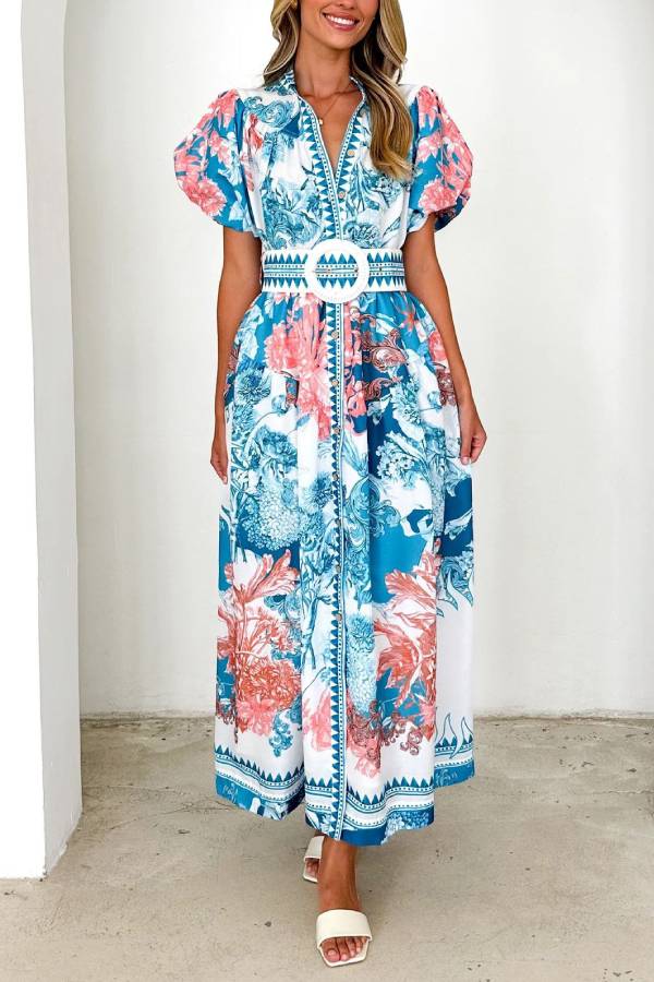 Blue Pink Floral Print Puff Sleeve Stand Collar Waisted Maxi Vacation Dress with Matching Belt