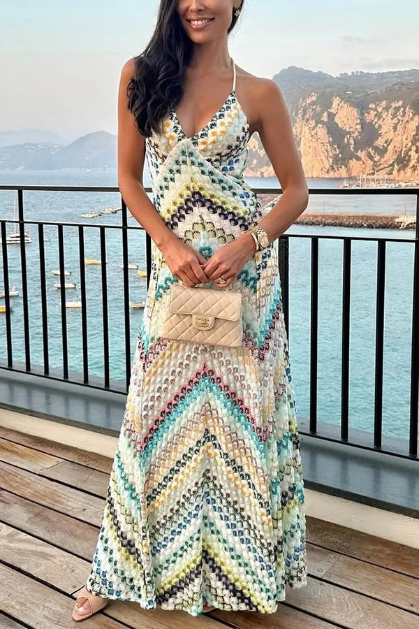 Missoni Summer Knit Colorful Herringbone Print Open Beck Maxi Dress