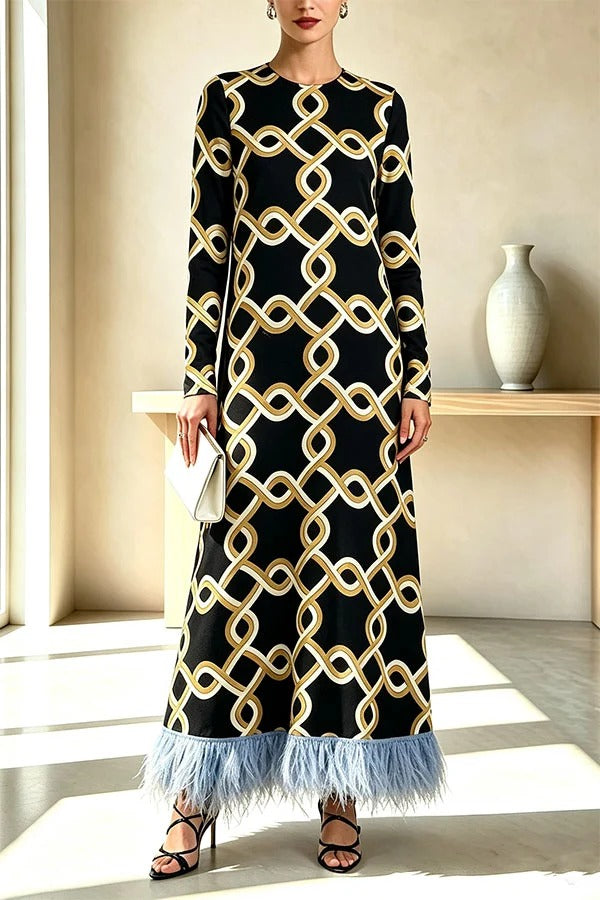 Cecilia Satin Colorful Baroque Style Printed Long Sleeve Feather Trim Maxi Dress