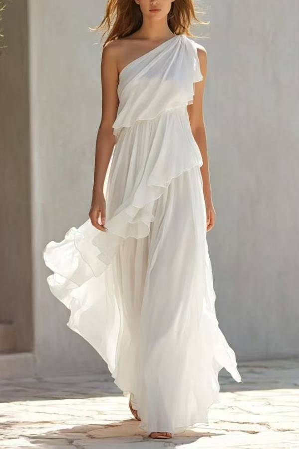 One Shoulder Ruffle Chiffon Maxi Dress