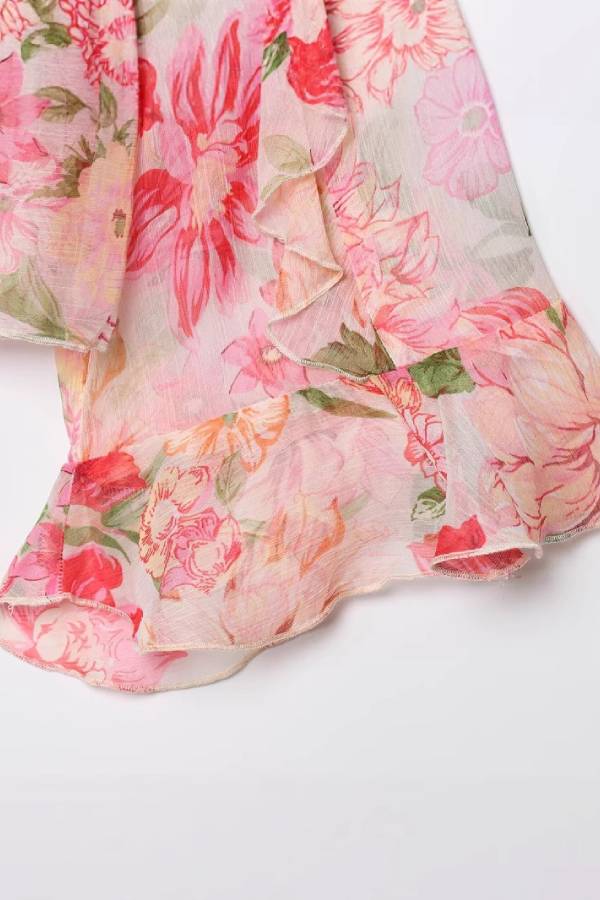 Pink Floral Print Ruffle V Neck Cropped Chiffon Blouse