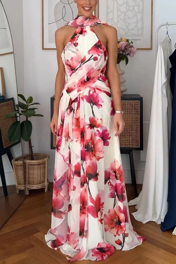 Blooming Petals Chiffon Floral Print Crinkle Cross Front Drape Ruffles Scarf Maxi Dress
