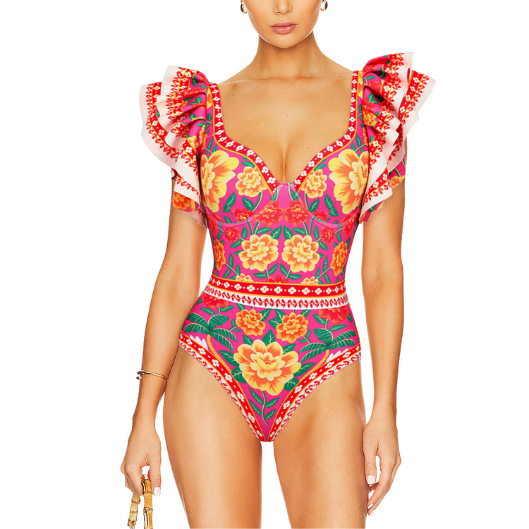 Ruffled Contrast Print One Piece Swimsuit and Sarong