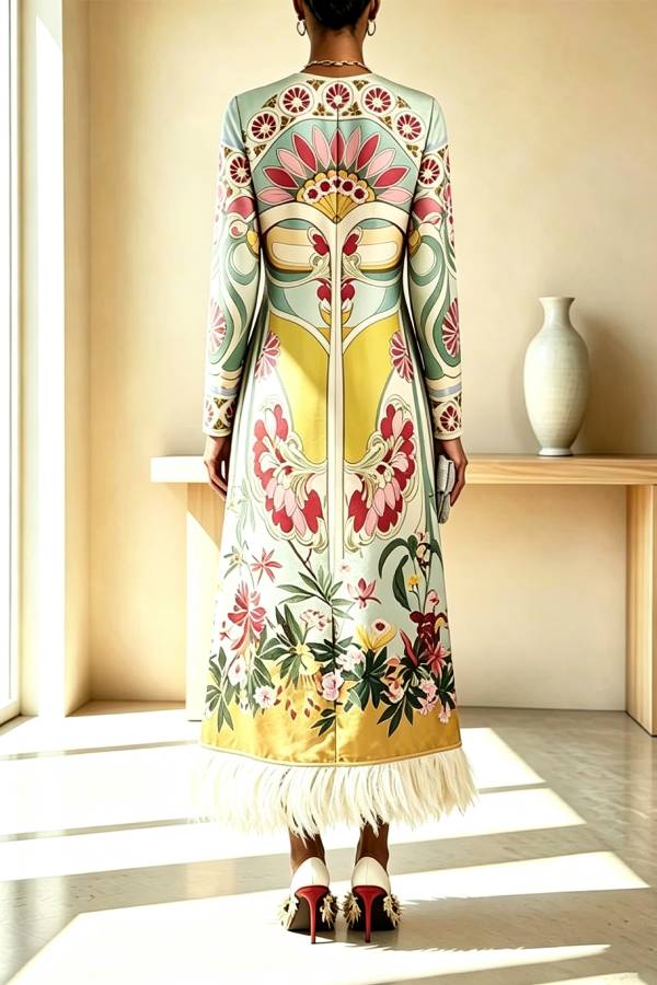 Cecilia Satin Colorful Baroque Style Printed Long Sleeve Feather Trim Maxi Dress