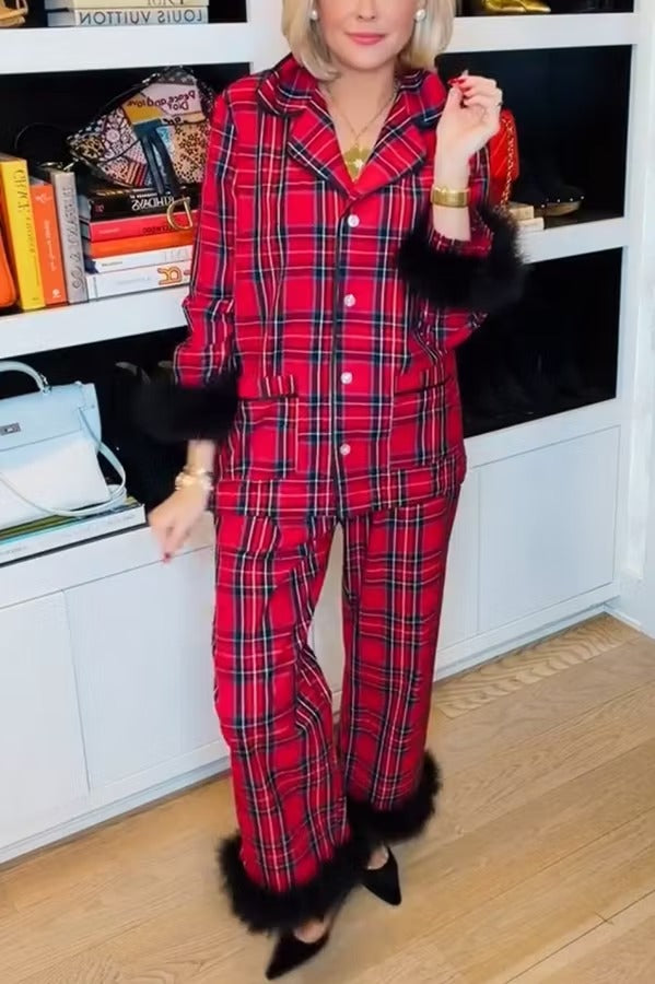 Holiday Time Plaid Contrast Feather Sleeve Pocket Shirt and Elastic Waist Pajama Set