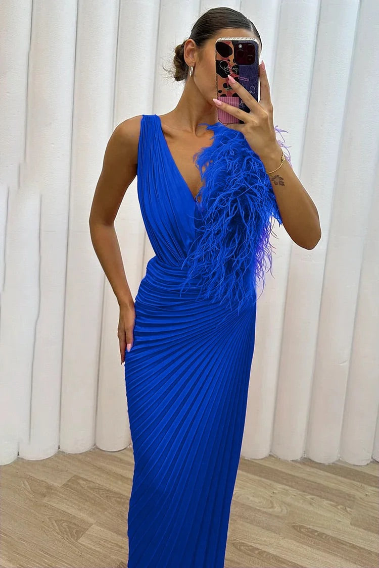 V Neck Feather Trim Pleated Prom Maxi Dresses