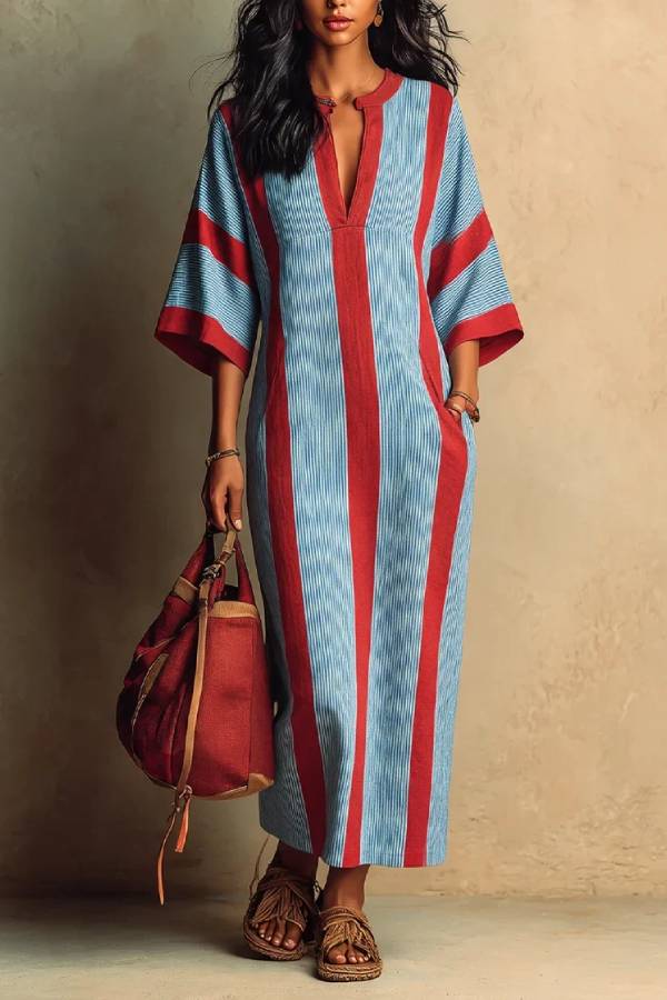 Casual Red and Blue Striped V-Neck Loose Fit Midi Dress