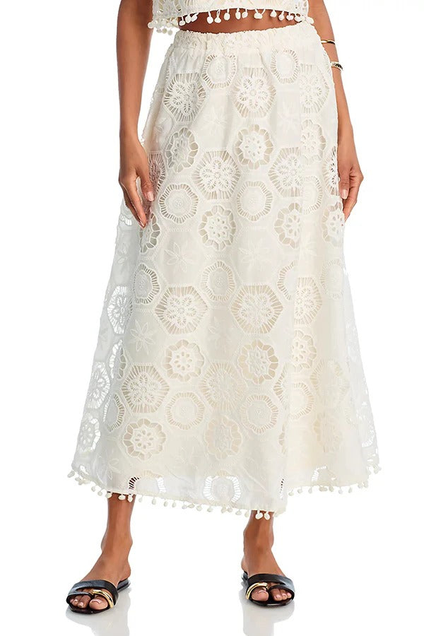 Nice Try Embroidered Crochet Lace Tassle Trim Elastic Waist Midi Skirt