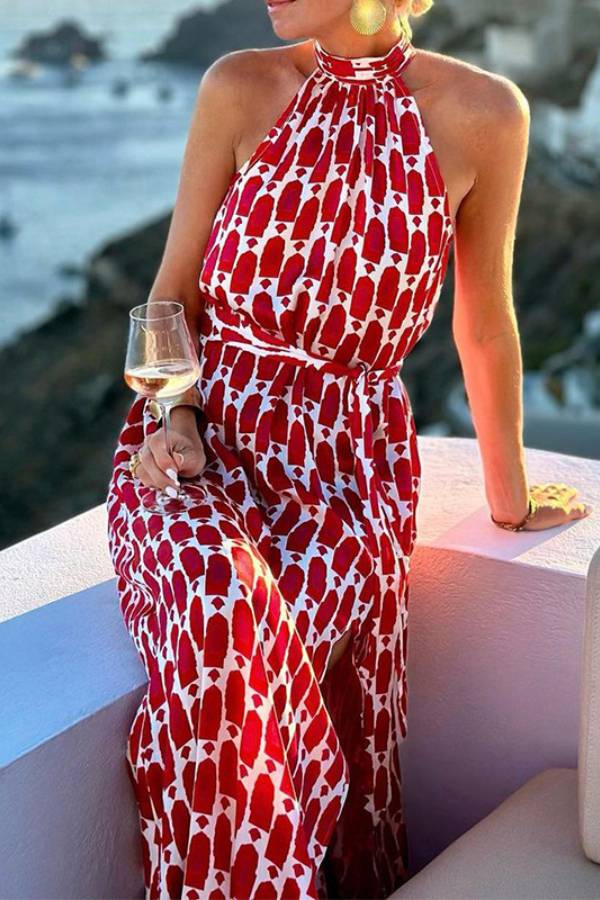 Sexy And Fashionable Printed Halter Neck Beach Slit Midi Dress