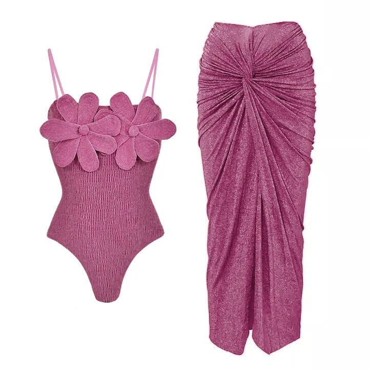 Shiny Texture Pleated Design Flower One Piece Swimsuit and Skirt