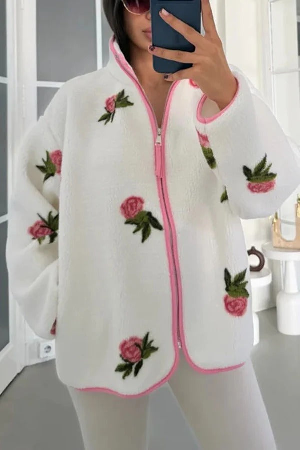 Snow Village Fleece Unique Print Zipper High Neck Long Sleeve Pocket Coat