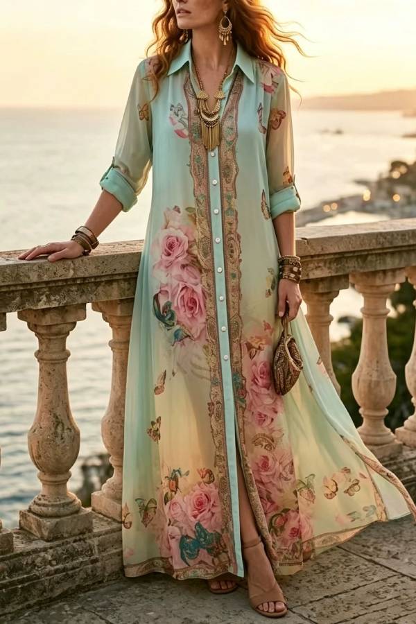 Mint Green Rose & Butterfly Print Collared Long Shirt Dress