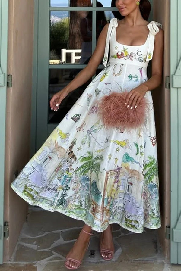 Euro Summer View Linen Blend Unique Print Tie-up Straps Pocket Midi Dress