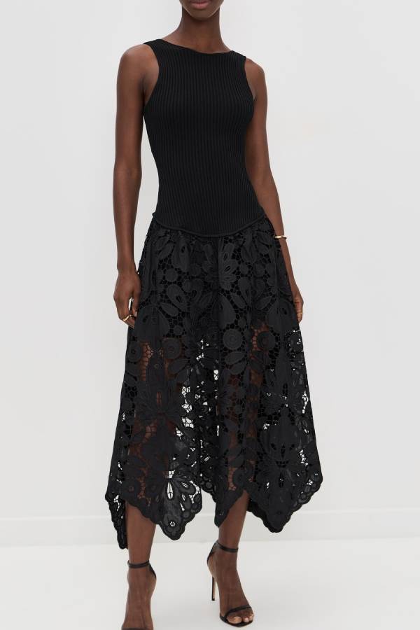 Sleeveless Rib Knit Lace Asymmetric Midi Dress