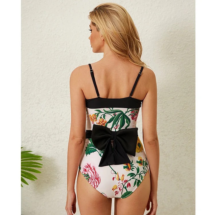 Off Shoulder Back Bow Tie Color Block Printed One Piece Swimsuit and Skirt
