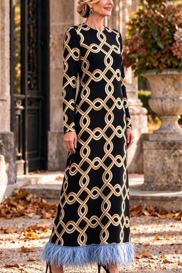 Cecilia Satin Colorful Baroque Style Printed Long Sleeve Feather Trim Maxi Dress