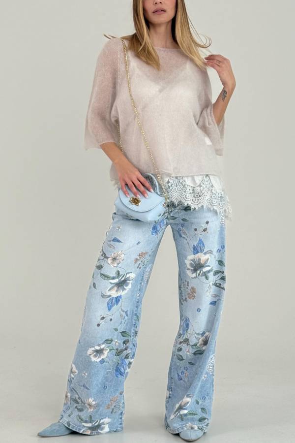 Vintage Floral Print Wide‑Leg Jeans