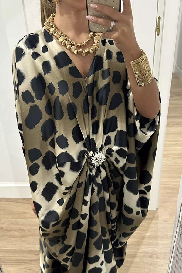 Satin Printed Rhinestone Twist Loose Kaftan Maxi Dress