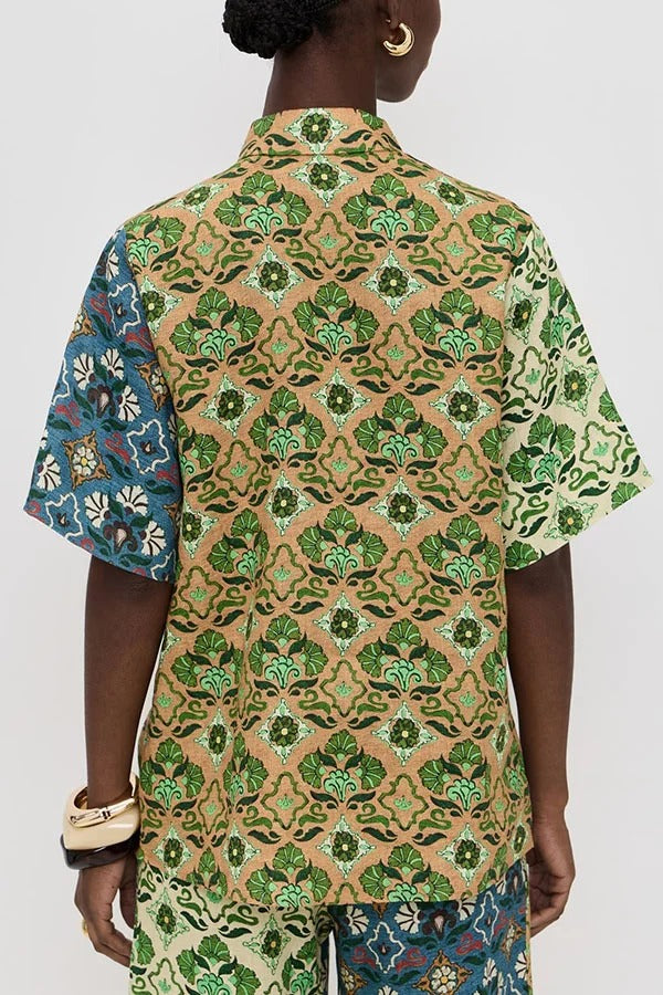 Colorblock Linen Blend Floral Print Short Sleeve Loose Blouse and Elastic Waist Pocket Wide Leg Pants Set