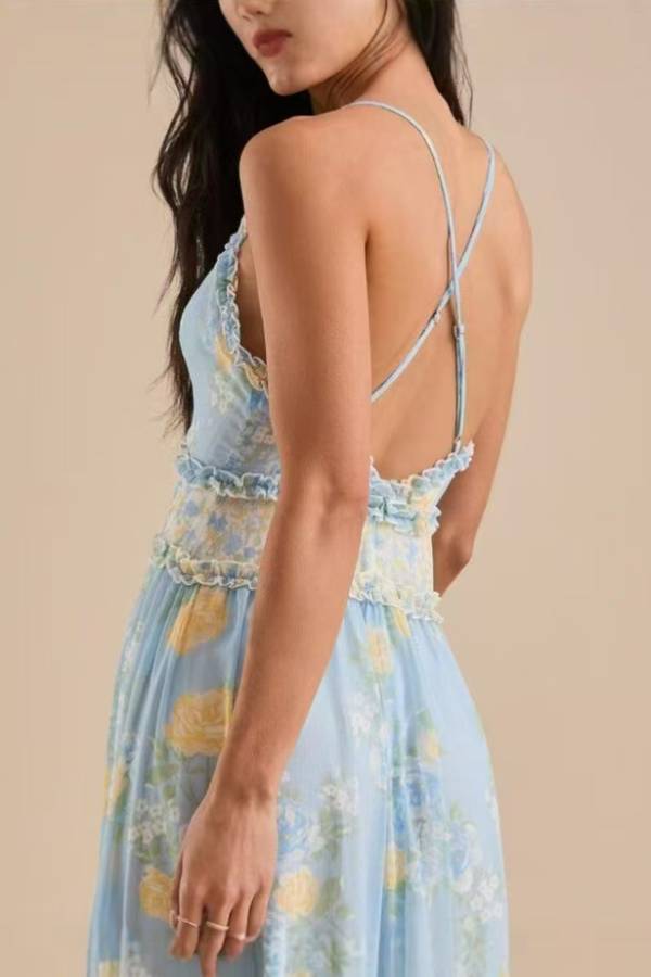 Floral Ruffle Criss‑Cross Back Cami Vacation Maxi Dress