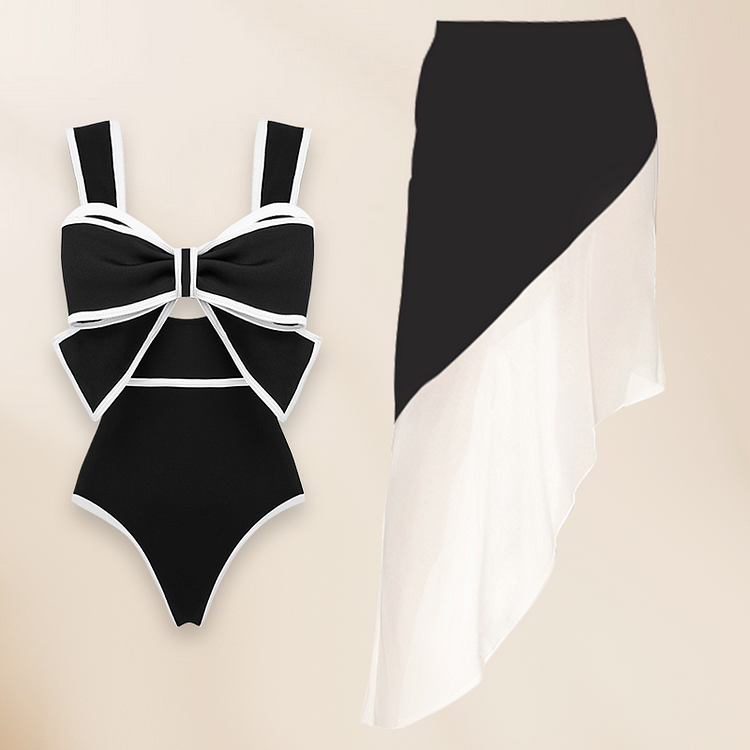 Black and White Bow-tie Decor One Piece Swimsuit and Skirt