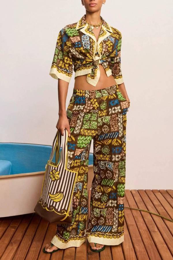 Vintage Ethnic Print Shirt & Wide Leg Pants Two Piece Set