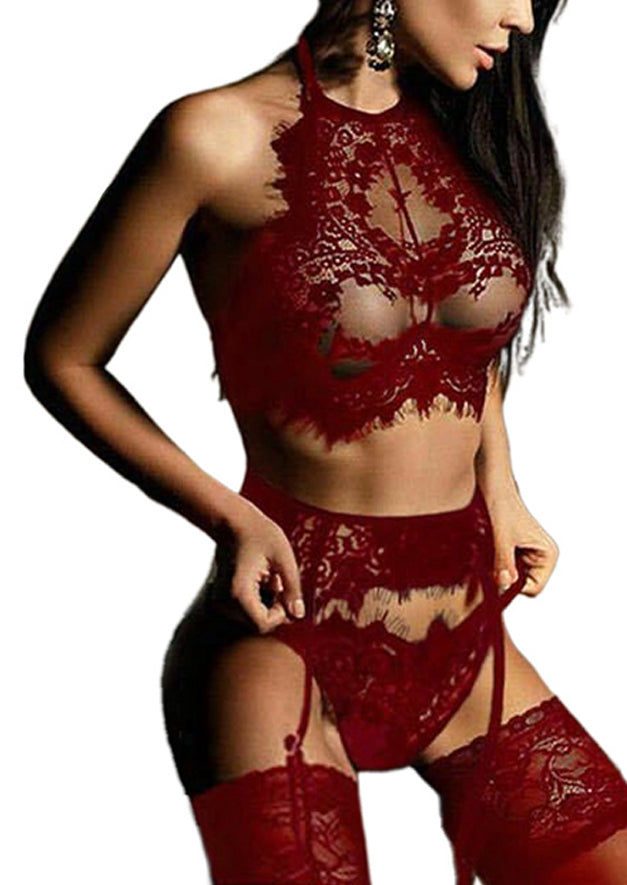 2Pcs Lace Halter See-Through Lingerie Set