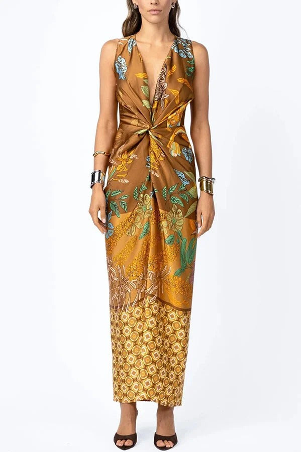 Naturally Inspired Satin Unique Floral Print Twist Waist Slit Drape Maxi Dress