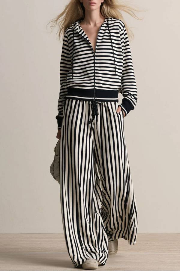 Black White Stripe Zip Up Hoodie Wide Leg Pants Two Piece
